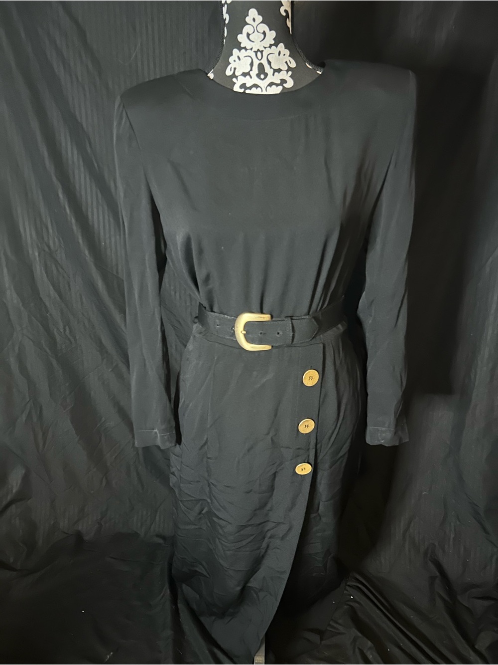 Liz Claiborne Black Long-Sleeve Belted Dress with Gold Accents